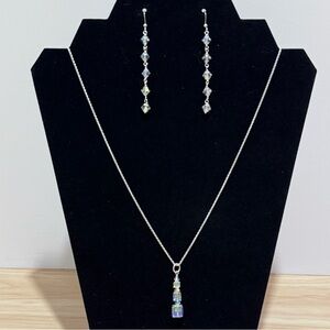 925 Sterling Silver Faceted Crystal Pendant Necklace & Dangle Drop Earrings Set